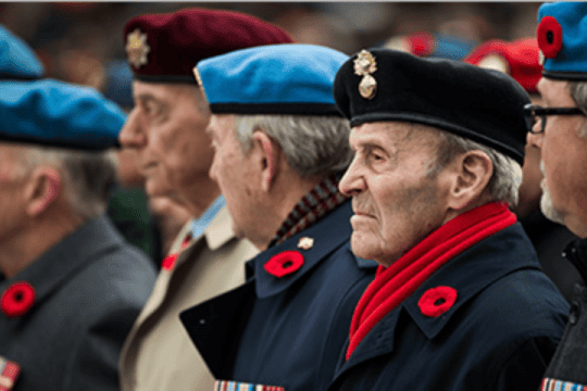 Canadian Veteran wearing a poppy while at a Remembrance Day ceremony.
